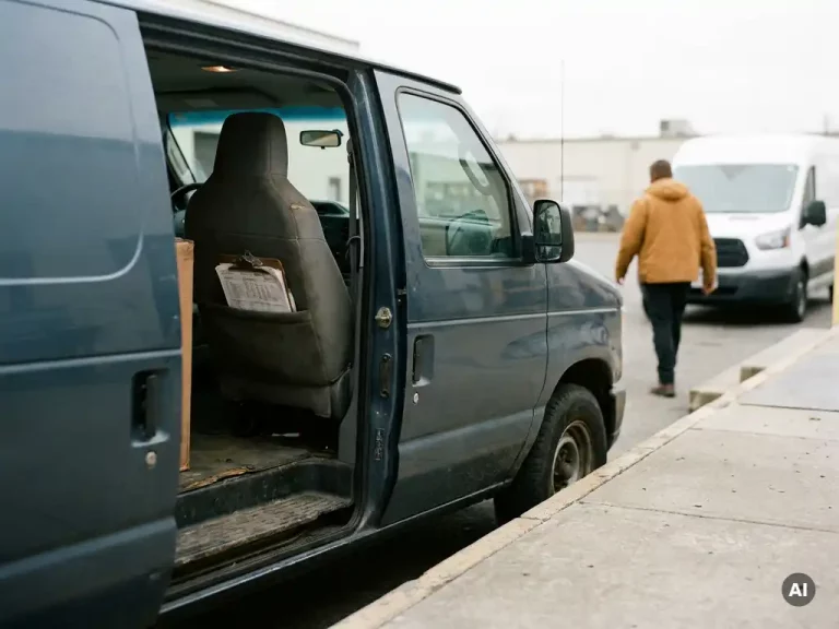 Lege bezorgbus bij laadperron met open deur en klembord op voorstoel, op de achtergrond een chauffeur die naar een volgend voertuig loopt.