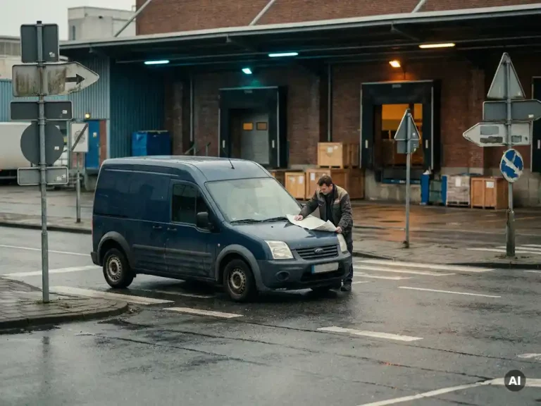 Bezorgbus op kruispunt in magazijnwijk met afwijzende verkeersborden, logistiek coördinator bestudeert routekaart op motorkap.
