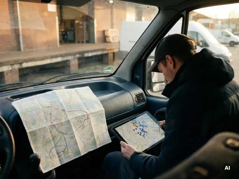 Bezorger bekijkt tablet met geoptimaliseerde routekaart in bestelbus bij laadperron, warm middaglicht door voorruit.
