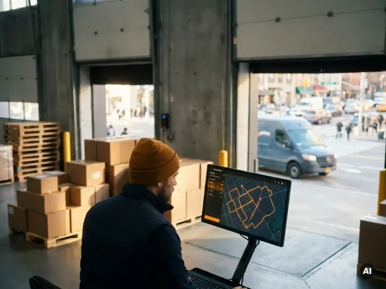 Logistiek medewerker in Nederlands magazijn bekijkt live routekaart, bezorgbus rijdt door drukke stadsstraat op de achtergrond.