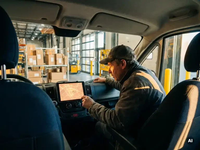 Bezorger bekijkt routekaart op tablethouder in bestelbus, pakketjes zichtbaar door voorruit, warm amberkleurig middaglicht.