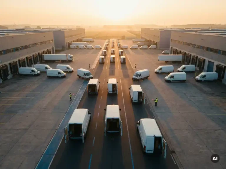 Witte bestelwagens vertrekken bij dageraad vanuit drie laaddocks van een industrieel logistiek centrum, met arbeiders die routes begeleiden.
