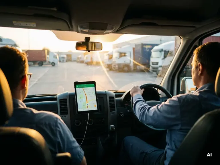 Bezorger bekijkt live routekaart op tablet in dashboard van bestelbus bij druk logistiek centrum in goudgeel middaglicht.