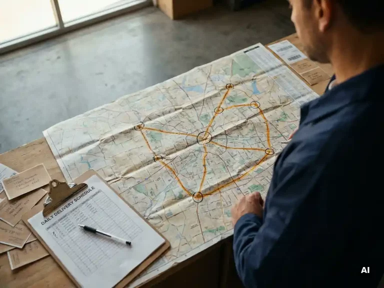 Bovenaanzicht van een stadswegenkaart met een bezorgroute in amber markeerstift, logistiek klembord en pakketlabels op een magazijnvloer.