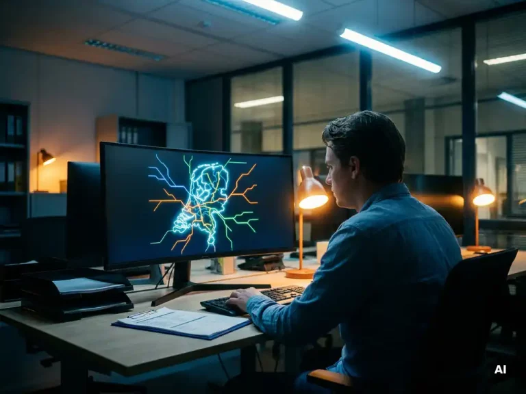 Logistiek dispatcher bekijkt digitale routekaart van Nederland op groot beeldscherm in modern distributiecentrum.