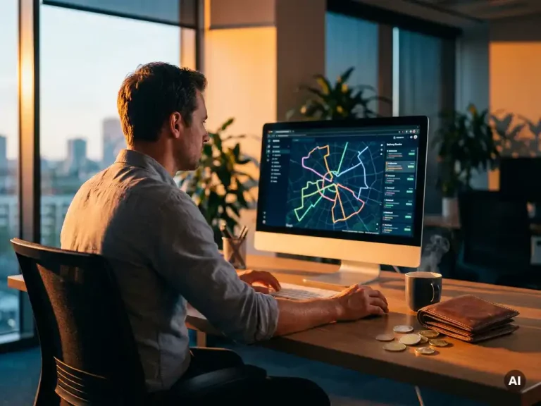 Vlootdispatcher bekijkt dashboard met geoptimaliseerde bezorgroutes naast portemonnee, euromunten en koffie op bureau.