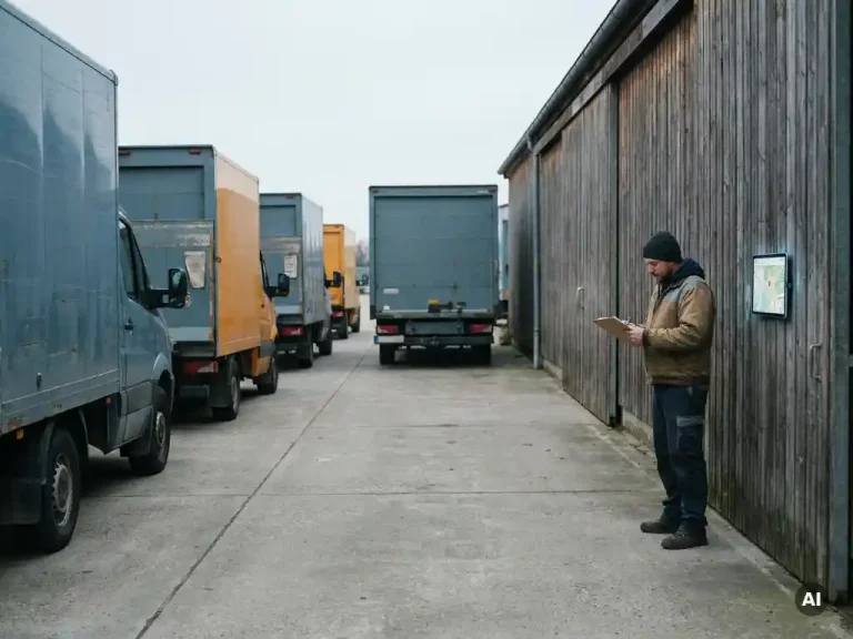 Dispatcher met klembord naast een tablet in een logistiek depot met geparkeerde vrachtwagens en een lege laadplaats.
