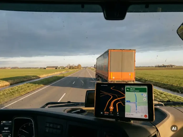 Beladen vrachtwagen op een optimale snelwegroute door een vlak Nederlands polderlandschap, met GPS-navigatie zichtbaar op het dashboard.