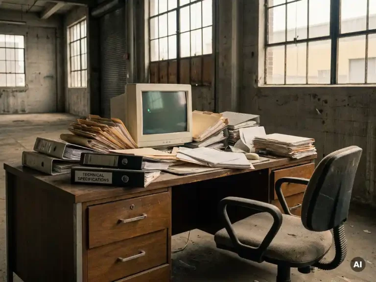 Verlaten kantoortafel bezaaid met stapels orderformulieren en specificatiemappen, oud desktopscherm aan, lege ergonomische stoel.