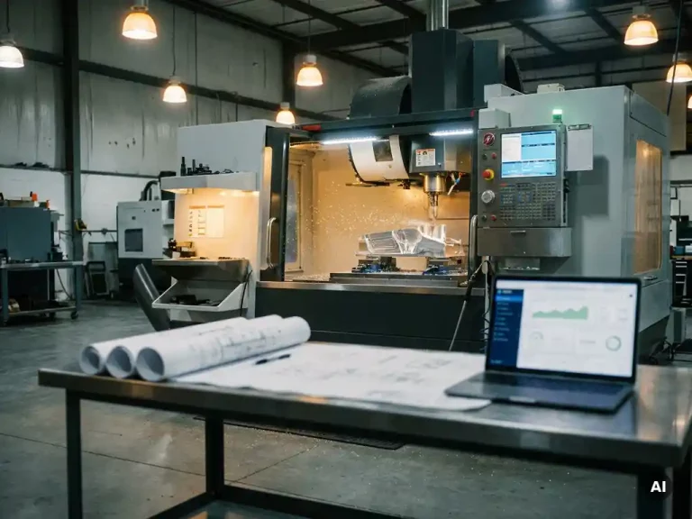 CNC-machine bewerkt aluminium onderdeel in fabriek, met technische tekeningen en laptop op stalen werkbank op de achtergrond.