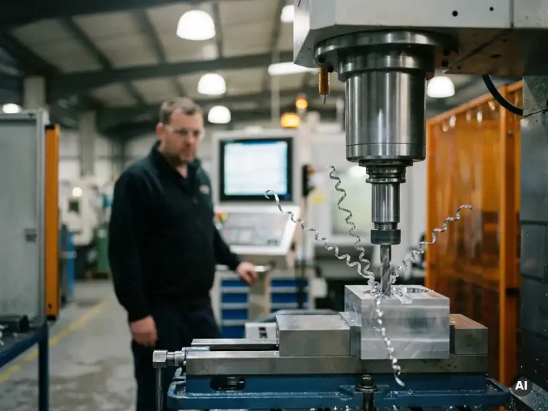CNC-machine die een metalen onderdeel bewerkt, met krullende metaalspanen en een operator bij het bedieningspaneel op de achtergrond.