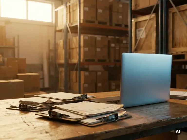 Laptop vervangt stapel papieren orderformulieren op een logistiek bureaublad in een magazijn met schappen vol dozen op de achtergrond.
