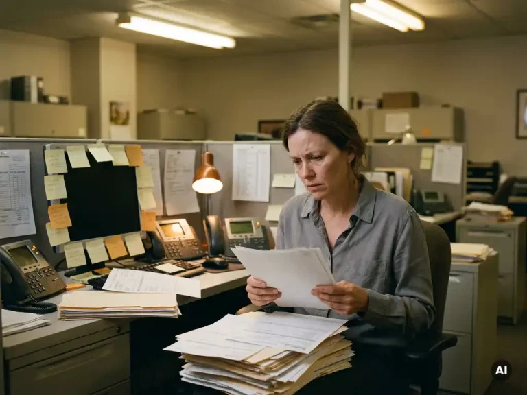 Gestresste binnendienst medewerker omringd door stapels papieren orderformulieren, plakbriefjes en rinkelende telefoons op een rommelig bureau.