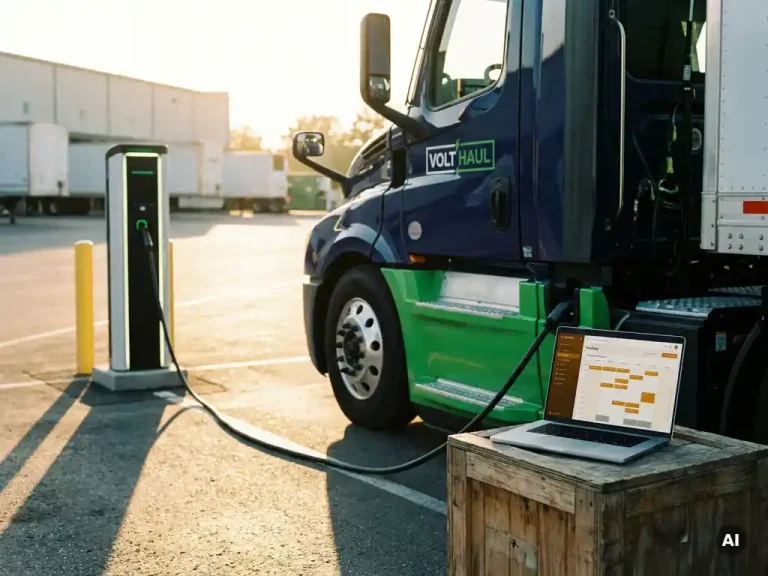 Elektrische vrachtwagen aan laadstation bij logistiek hub, met laptop op krat met planningsdashboard in middaglicht.