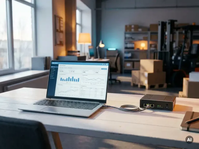 Laptop met ERP-dashboard verbonden via ethernetkabel met industriële server op wit bureau in moderne logistieke omgeving.