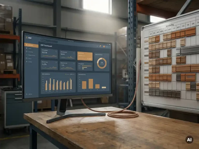 ERP-dashboard op monitor verbonden via gevlochten kabel met magnetisch planningsbord op industrieel bureau in magazijn.