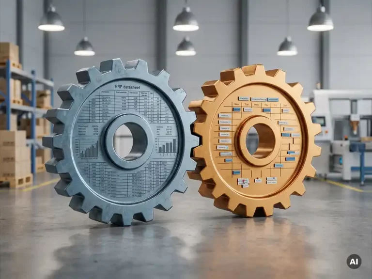 Twee industriële tandwielen met ERP-data en productieplanning die in elkaar grijpen op een magazijnvloer, stalen blauwe en amberkleurige tinten.
