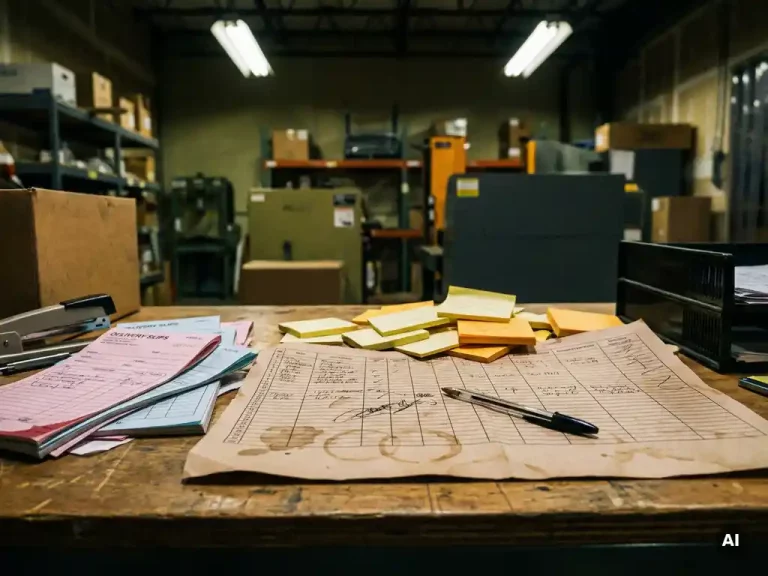Verfrommeld, koffievlekkerig Excel-overzicht op een logistiek bureau, omringd door sticky notes, een kapotte pen en gemiste leveringsbonnen.