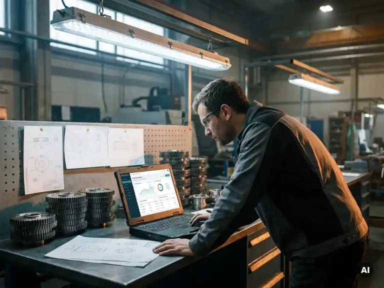 Fabrieksestimator bekijkt digitale offerte op robuuste laptop, omringd door metalen onderdelen en technische specificaties op stalen werkbank.