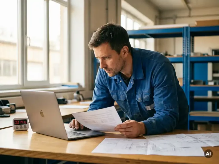 Fabrieksmedewerker bekijkt offerteblad naast laptop op bureau met technische specificaties en digitale timer.