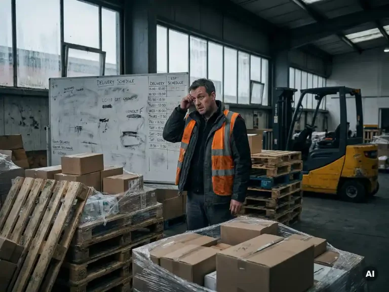 Gestresste dispatcher in chaotisch logistiek magazijn met ongeordende pallets, uitgewist rooster op whiteboard en stilstaande vorkheftruck op achtergrond.