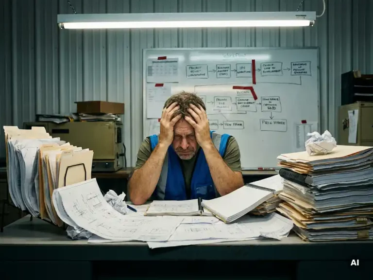 Gestresste projectingenieur aan rommelig industrieel bureau bezwijkend onder stapels technische werkopdrachten en papieren specificaties.