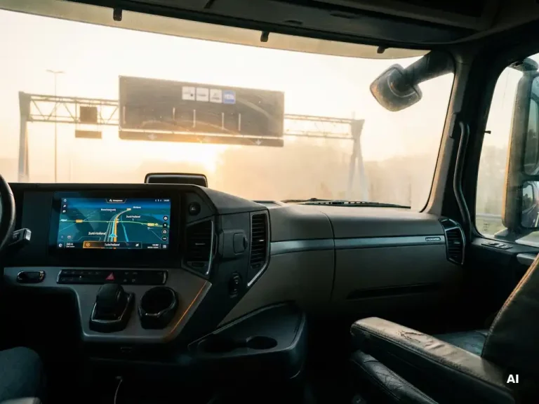 GPS-navigatiescherm in truckcabine met geoptimaliseerde Nederlandse snelwegroute, tolportaal zichtbaar door voorruit in ochtendlicht.