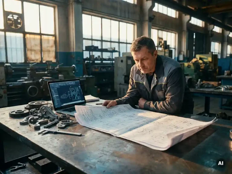 Ingenieur bestudeert technische maattekening op staalfabriekstafel naast laptop, precisieonderdelen en gereedschap op de voorgrond.