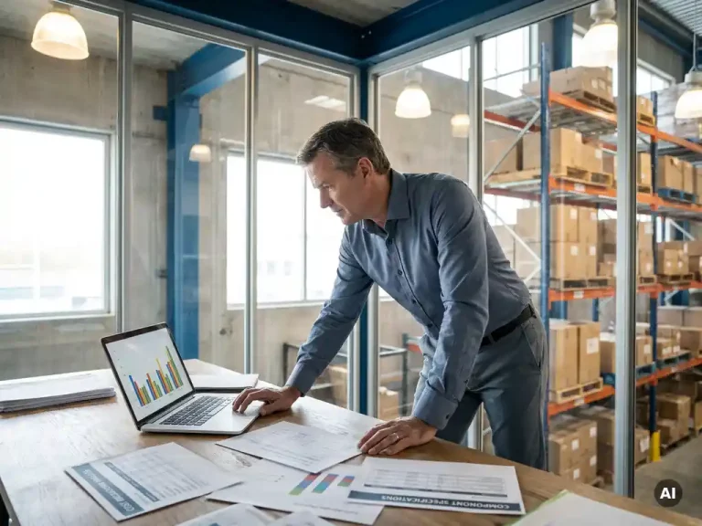 Supply chain manager leaning over desk met kostenoverzichten en componentenspecificaties, laptop met prijsgrafieken open, magazijn op achtergrond.