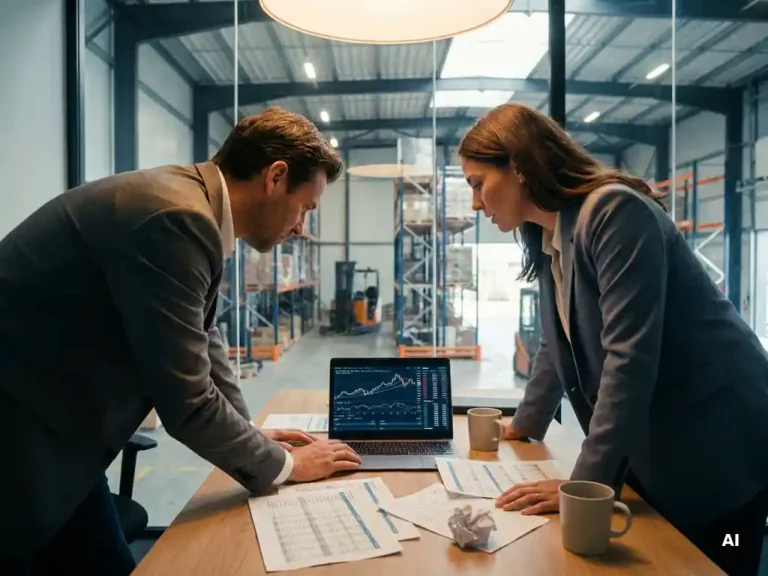 Inkoopmanager en planner bekijken kostenoverzichten op laptop aan bureau vol spreadsheets, Nederlands magazijn op achtergrond.