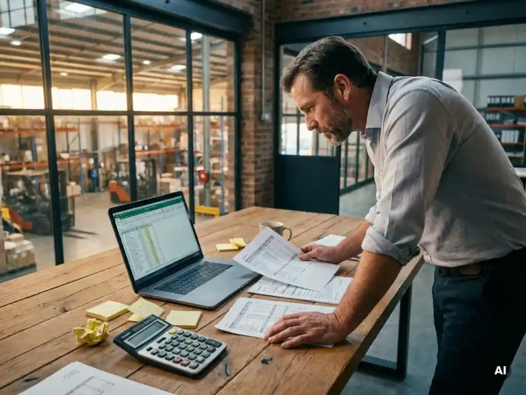 Inkoopmanager vergelijkt specificatiebladen en laptop op eiken bureau in industrieel kantoor met uitzicht op magazijn.