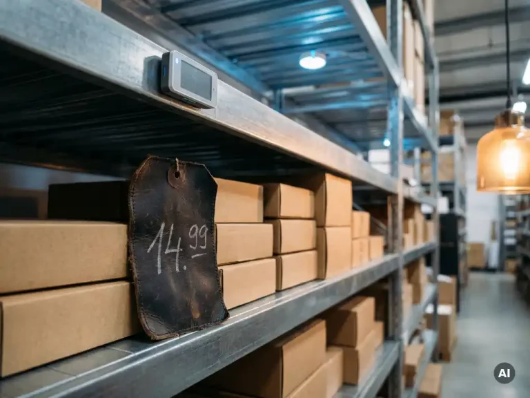 Versleuteld leren prijskaartje tegen magazijnrek vol gesorteerde kartonnen dozen, met digitale sensor en warm-stalen industriële belichting.