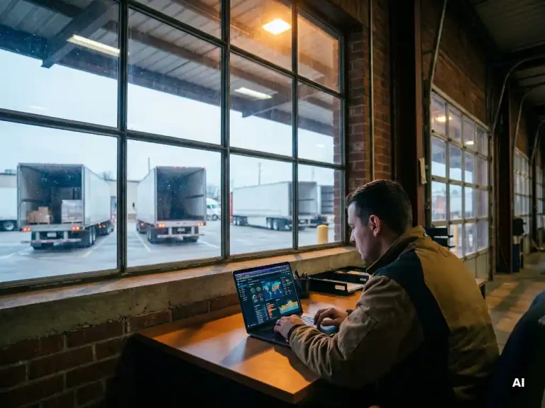 Logistiek coördinator bekijkt digitaal dashboard op laptop bij magazijnraam, met deels beladen vrachtwagens in stalen blauwe en amber tinten.