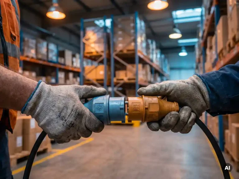 Logistiek coördinator verbindt twee kabelstekkers boven een magazijnvloer in een modern Nederlands distributiecentrum.