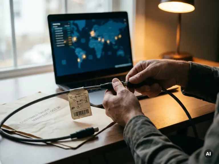 Logistiek coördinator verbindt twee kabels op modern bureau, met laptop met bezorgdashboard op de achtergrond.
