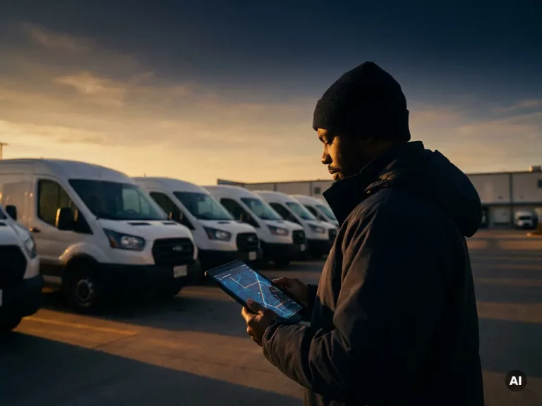 Logistiek dispatcher bekijkt geoptimaliseerde bezorgroutes op tablet naast witte bestelwagens in distributiecentrum bij zonsopgang.