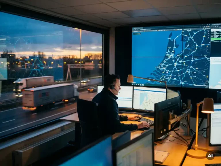 Logistiek dispatcher bewaakt live GPS-routes van vrachtwagens op groot scherm, Nederlandse snelweg zichtbaar bij schemering met gouden stadslichten.