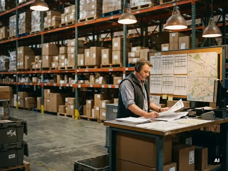 Logistiek dispatcher aan magazijnbalie met routebladen, omringd door pakketrekken onder warm industrieel licht.