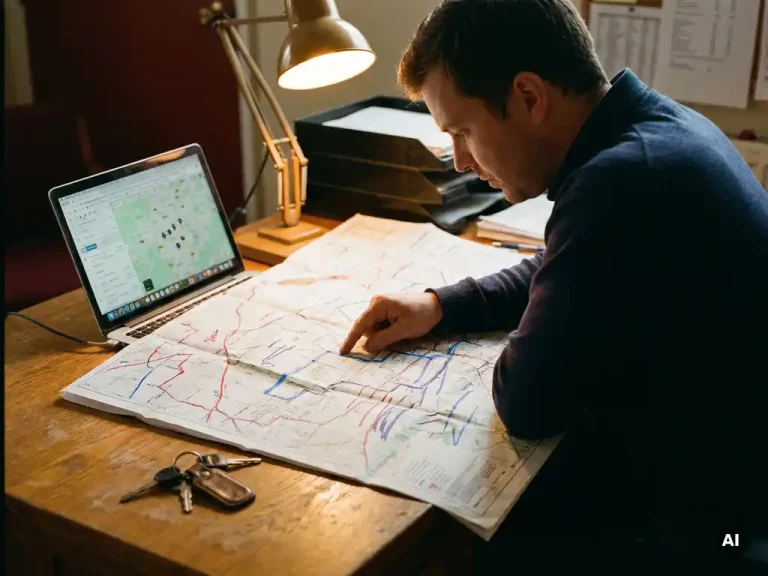 Logistiek dispatcher bestudeert een uitgeprinte routekaart op een eikenhouten bureau met laptop voor live bezorgtracking en vrachtwagenssleutels.