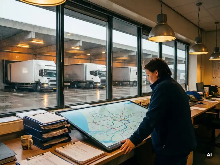 Logistiek dispatcher bestudeert digitale routekaart op operationeel bureau in Nederlands distributiecentrum, met vrachtwagens zichtbaar op achtergrond.