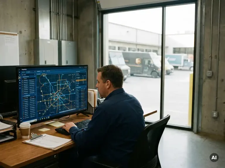 Logistiek dispatcher bekijkt digitale routekaart op breedbeeldmonitor, met bezorgtrucks zichtbaar door magazijnraam op de achtergrond.