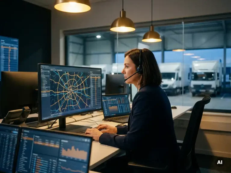 Logistiek dispatcher bekijkt digitale routekaart op groot beeldscherm in modern operatiecentrum, witte vrachtwagens zichtbaar op achtergrond.