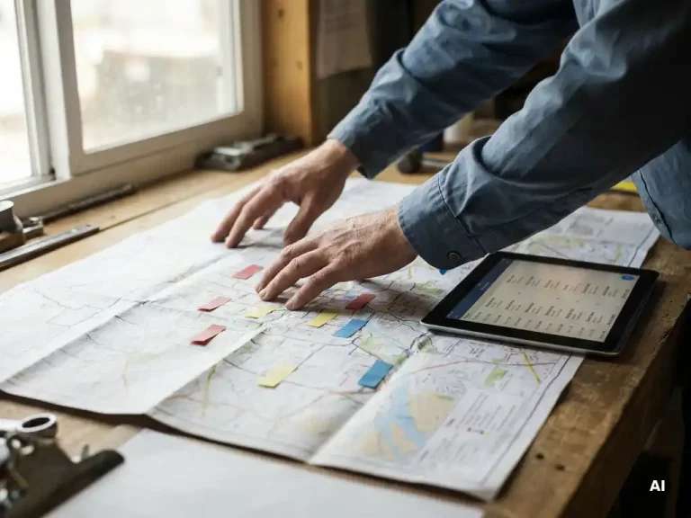 Logistiek dispatcher vergelijkt papieren routekaart met digitaal afleverrooster op tablet, gekleurd met tijdblokstickers op magazijnbureau.