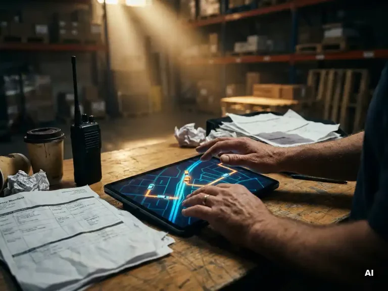 Logistiek dispatcher die boven een verlichte tablet met live routekaart zweeft, omringd door vrachtbrieven en portofoon op een magazijnbureau.