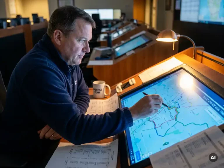 Logistiek dispatcher die bezorgroutes herplant op een digitaal touchscreen, routeprints en koffiekop op bureau, blauw monitorlicht en warm ambergloed.