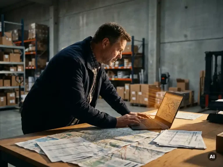 Logistiek manager buigt over planningstafel met routekaarten en leveringsschema's, laptopscherm verlicht zijn gezicht in magazijnomgeving.