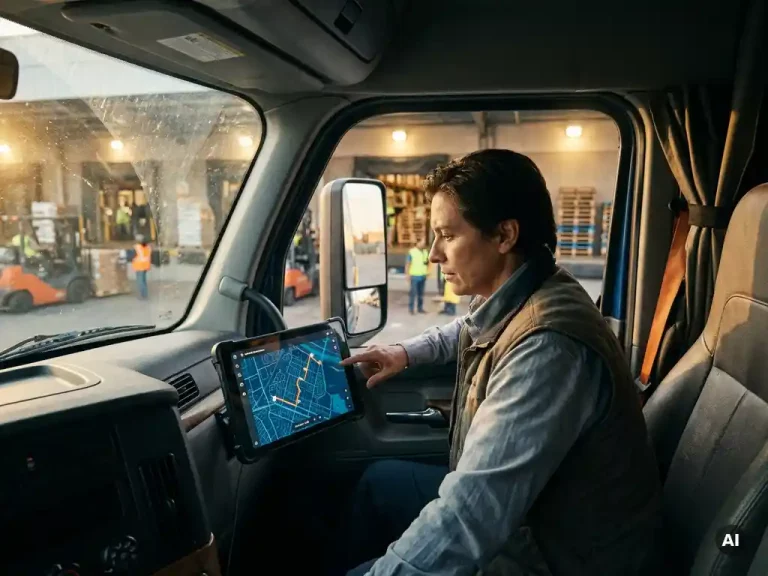 Logistiek manager bekijkt digitale routekaart op tablet in vrachtwagencabine, distributieloods zichtbaar op achtergrond.