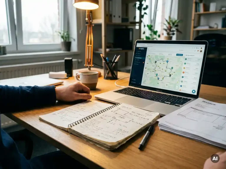 Logistiek planner met notitieboek vol routeberekeningen naast laptop met transportdashboard, facturen en koffiekopje op kantoorbureau.