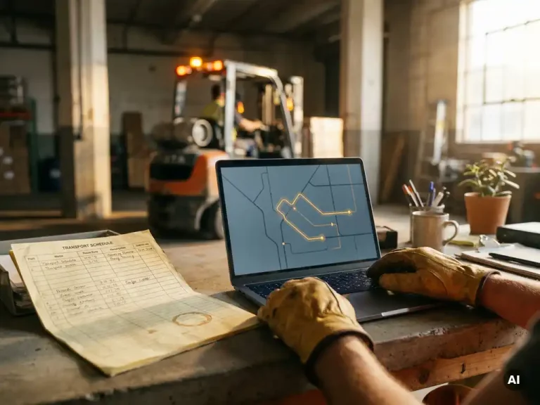 Logistiek planner bekijkt routekaart op laptop aan magazijnbureau, met papieren transportschema en vorkheftruck op achtergrond.