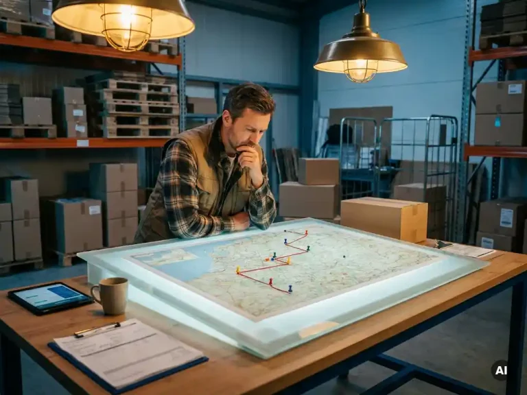 Logistiek planner buigt over verlichte routekaart op magazijnbureau met gekleurde spelden, klembord en tablet in warm industrieel licht.